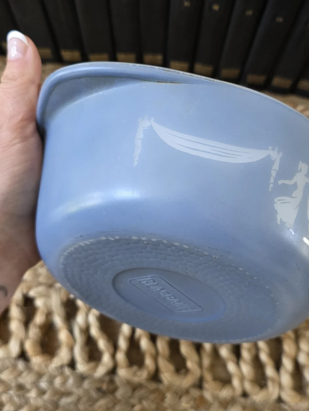 Vintage Blue Covered Cameo Casserole Dish with White Silhouette Design